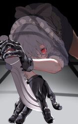 1girl absurdres bad_source black_gloves bow dress gloves grey_bow grey_hair hair_between_eyes highres holding holding_knife holding_weapon izayoi_sakuya kararage_tsune knife looking_at_viewer maid_headdress medium_hair no_pupils on_ground purple_dress red_eyes short_sleeves solo touhou waist_bow weapon