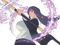 1girl breasts commission highres holding holding_polearm holding_weapon jacket large_breasts long_hair looking_at_viewer low-tied_long_hair magic mattsun_(lyohei) original polearm purple_eyes purple_hair shirt simple_background skeb_commission solo upper_body weapon white_shirt