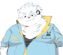animal_ear_fluff animal_ears black_shirt blue_overalls blush dog_boy dog_ears dog_nose english_text engrish_text fangs fat fat_man furry furry_male komu_(komu_san08) live_a_hero looking_at_viewer male_focus obese overalls partially_unzipped ranguage shirt skin_fangs smile upper_body white_fur white_hair yohack