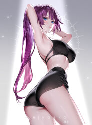 1girl absurdres armpits arms_up artist_name ass bare_arms bare_shoulders black_shorts black_sports_bra blue_eyes blush breasts commentary from_behind highres large_breasts long_hair looking_at_viewer looking_back monogatari_(series) parted_lips ponytail purple_eyes ringeko-chan senjougahara_hitagi short_shorts shorts solo sports_bra thighs