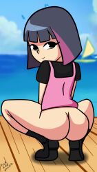 1girl ass black_eyes blue_hair cola_(scissor_seven) female_focus from_behind full_body highres loli looking_at_viewer looking_back outdoors pink_hair robert_rose_(philelmago) scissor_seven short_hair solo spread_legs