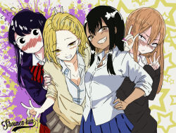 Rule 34 | 4girls, abstract background, anjou (yancha gal), black hair, blonde hair, blush, bow, breasts, bunny ears prank, cleavage, collared shirt, colorized, crossover, dark-skinned female, dark skin, earrings, embarrassed, flying sweatdrops, fox shadow puppet, grin, hair ornament, hairclip, hand on own hip, hiding, hug, ijiranaide nagatoro-san, jacket, jewelry, komi-san wa komyushou desu, komi shouko, long hair, long sleeves, looking at viewer, makoto, mizuno amane, multiple crossover, multiple girls, n aaaa, nagatoro hayase, orange hair, pleated skirt, sanpaku, sanpakugan-chan no ohanashi, school uniform, shirt, short hair, skirt, sleeves past wrists, small breasts, smile, sweat, sweater, trait connection, trembling, v, white shirt, yancha gal no anjou-san