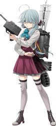 Rule 34 | 1girl, adapted turret, ahoge, aqua bow, aqua bowtie, black ribbon, blazer, bow, bowtie, braid, brown eyes, dress, fujikawa, full body, green eyes, grey hair, grey jacket, grey thighhighs, hair over eyes, halter dress, halterneck, hamanami (kancolle), hamanami kai ni (kancolle), jacket, kantai collection, long hair, long sleeves, machinery, official art, parted lips, pleated dress, purple dress, ribbon, single braid, solo, standing, thighhighs, transparent background