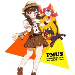 1girl 2017 bag blush bow bowtie bracelet braid brown_footwear brown_hair brown_skirt buttons cat copyright_name dated english_text eyebrows eyelashes facing_away game_freak gen_4_pokemon gen_7_pokemon handbag hat jewelry kurosaki_nekosuzu legs_apart litten loafers long_hair looking_at_viewer miniskirt multicolored_clothes multicolored_shirt nintendo orange_eyes outstretched_arms pleated_skirt pokemon pokemon_(creature) pokemon_usum puffy_short_sleeves puffy_sleeves rotom rotom_dex selene_(pokemon) selene_(pokemon_usum) shirt shoes short_sleeves simple_background skirt smile socks standing swept_bangs tareme text_focus timestamp triangle trilby twin_braids white_background white_bow white_legwear white_neckwear z-ring