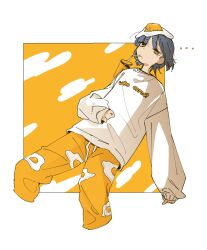 ... 1girl alternate_costume blue_hair bocchi_the_rock! crossover cup disposable_cup egg egg_yolk gudetama hair_ornament hairclip hand_on_own_stomach highres long_sleeves looking_at_viewer machuuu68 medium_hair mole mole_under_eye mouth_hold sanrio shirt sleeves_past_wrists stalk_in_mouth white_shirt yamada_ryo yellow_eyes