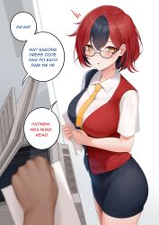 1girl absurdres black_hair black_skirt breasts collared_shirt colored_inner_hair glasses highres holding holding_paper indie_virtual_youtuber multicolored_hair necktie office_lady paper pencil_skirt red_hair shirt short_hair skirt speech_bubble swivelle_(vtuber) translation_request two-tone_hair vaughnilla virtual_youtuber white_shirt yellow_eyes yellow_necktie