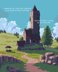 atmospheric_perspective blue_sky boulder brick_wall castle cloud cloudy_sky day dirt_road english_text highres hill no_humans onlypixeeels original outdoors pixel_art plain road rock scenery shadow sky tree well