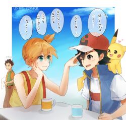 1girl 2boys ash_ketchum asymmetrical_hair be_syake blush breasts brock_(pokemon) denim denim_shorts gen_1_pokemon green_eyes green_shorts gym_leader hair_tie legs misty_(pokemon) multiple_boys nintendo orange_hair pikachu pokemon pokemon_(anime) pokemon_journeys ponytail shirt short_hair short_shorts shorts side_ponytail simple_background small_breasts smile suspender_shorts suspenders tank_top yellow_shirt