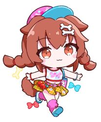 Rule 34 | 1girl, :3, animal ears, belt, blue bow, blush stickers, bone hair ornament, bow, bracelet, braid, brown eyes, brown hair, cartoon bone, chibi, crop top, dog ears, dog girl, dog tail, full body, giwa, hair ornament, hat, highres, hololive, holonatsu paradise, inugami korone, inugami korone (holonatsu paradise), jewelry, looking at viewer, loose socks, low twin braids, midriff, navel, official alternate costume, outstretched arms, pink socks, plaid clothes, plaid skirt, pleated skirt, shirt, simple background, skirt, smile, socks, solo, tail, twin braids, virtual youtuber, white background, white shirt, yellow skirt