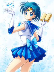 1990s_(style) 1girl bishoujo_senshi_sailor_moon blue_eyes blue_hair blue_sailor_collar blue_skirt book bow choker earrings eyelashes female_focus gloves highres jewelry looking_back magical_girl matching_hair/eyes mimimix mizuno_ami pleated_skirt retro_artstyle sailor_collar sailor_mercury short_hair skirt smile solo tiara water_drop white_gloves