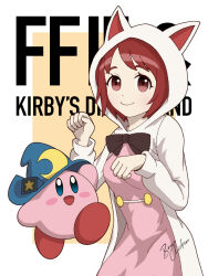 1girl animal_ears blue_eyes blush_stickers bow bowtie brave_chicken brown_eyes cat_ears colored_skin cosplay crossover hat kirby moon_(symbol) pink_skin refia star_(symbol) white_mage_(final_fantasy) white_mage_(final_fantasy)_(cosplay) witch_hat yellow_buttons