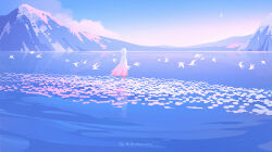 1girl artist_name bird blue_sky cloak cloud flock from_behind highres hood huhv. mountain original outdoors reflection scenery sky solo standing water white_bird white_cloak white_hair wide_shot
