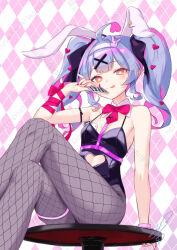 1girl :q ahoge animal_ears argyle_background blue_hair breasts bright_pupils card center-flap_bangs cleavage clothing_cutout collar commentary_request detached_collar fishnet_pantyhose fishnets hair_ornament hatsune_miku heart heart_cutout heart_hair_ornament holding holding_card looking_at_viewer multicolored_hair pantyhose pink_background pink_hair pink_nails pink_ribbon playing_card rabbit_ears rabbit_hole_(vocaloid) ribbon signature simple_background sitting small_breasts soanote solo tongue tongue_out twintails two-tone_background two-tone_hair vocaloid watermark white_background white_collar white_pupils x_hair_ornament yellow_eyes