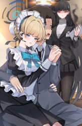 Rule 34 | 1boy, 2girls, absurdres, apron, black dress, black hair, black necktie, black pantyhose, black shirt, blonde hair, blue archive, blue bow, blue eyes, blue halo, blush, bow, breasts, bright pupils, business casual, commentary request, dress, earpiece, formal clothes, grey suit, hair bun, hair ornament, hairclip, halo, highres, holding hands, large breasts, long hair, long sleeves, maid, maid apron, maid headdress, mi taro333, multiple girls, name tag, necktie, no pupils, pantyhose, red eyes, rio (blue archive), sensei (blue archive), sensei (blue archive the animation), shaded face, shirt, short hair, single hair bun, sitting, sitting on lap, sitting on person, suit, sweater, toki (blue archive), turn pale, turtleneck, turtleneck sweater, very long hair, white pupils, white shirt, white sweater, yandere
