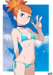1girl absurdres artist_name bikini black_choker blue_bikini breasts cameltoe choker cloud cloudy_sky digimon digimon_tamers gez1313 highres makino_ruki orange_hair ponytail purple_eyes short_hair sky small_breasts string_bikini swimsuit v