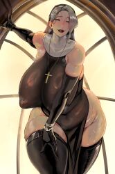 1girl absurdres breasts green_eyes grey_hair half-closed_eyes highres huge_breasts large_breasts long_hair looking_at_viewer lulu95402099 mature_female mole mole_under_eye nun see-through_clothes steam sweat