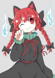 1girl ;3 animal_ears asameshi black_bow black_dress blush_stickers bow braid cat_ears dress grey_background hair_bow hand_up hitodama kaenbyou_rin long_hair long_sleeves looking_at_viewer one_eye_closed red_eyes red_hair simple_background smile solo touhou twin_braids