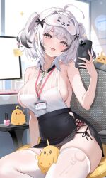 1girl ahoge alice_vu azur_lane between_thighs black_hair black_skirt blurry blush bokeh breasts chair commentary depth_of_field eye_mask fang gradient_hair grey_eyes grey_hair hexagon_print highres holding holding_phone indoors large_breasts looking_at_viewer manjuu_(azur_lane) mask mask_on_head monitor multicolored_hair office_chair official_alternate_costume open_mouth pencil_skirt phone see-through_clothes see-through_thighhighs shirt sideboob sideless_shirt sitting skin_fang skindentation skirt sleep_mask sleeveless sleeveless_shirt smile swivel_chair symbol-only_commentary thick_thighs thighhighs thighs torn_clothes torn_thighhighs two_side_up white_hair white_shirt white_thighhighs z13_(azur_lane) z13_(strategic_date_solution)_(azur_lane)