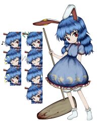 1girl ambiguous_red_liquid anger_vein animal_ears atoymk bloomers blue_dress blue_hair closed_eyes closed_mouth commentary_request dress multiple_expressions flat_chest full_body highres holding holding_mallet kine len&#039;en long_hair mallet moon_print no_shoes notice_lines open_mouth parody puffy_short_sleeves puffy_sleeves rabbit_ears rabbit_girl red_eyes seiran_(touhou) short_sleeves simple_background smile socks solo standing style_parody sun_print touhou underwear white_background white_bloomers white_socks