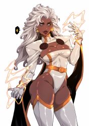 1girl animification breasts cam_the_art_guy cape cleavage curvy dark-skinned_female dark_skin earrings electricity gloves highleg highleg_leotard highres jewelry large_breasts leotard long_hair looking_at_viewer marvel parted_lips revealing_clothes shiny_skin smile solo storm_(x-men) superhero_costume thighhighs very_dark_skin white_hair wide_hips x-men
