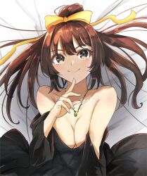 1girl black_dress breasts brown_eyes brown_hair closed_mouth collarbone commentary_request dress hair_bun hair_ribbon highres jewelry lying medium_breasts medium_hair on_back pendant ponytail ribbon sasai_tuki single_hair_bun smile solo suzumiya_haruhi suzumiya_haruhi_no_yuuutsu yellow_ribbon