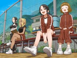 4girls :d ^_^ black_hair blonde_hair blue_sky brown_hair closed_eyes cloud commentary_request day highres himemiya_yuki ichinose_karina jacket manemane_nichinichi multiple_girls nagisa_akane open_mouth outdoors short_hair sitting sky smile standing tanabe-sensei track_jacket yamamoto_souichirou