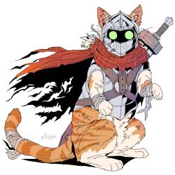 animal_focus armored_animal cape cat fryprai full_body green_eyes highres looking_at_viewer mouse_(animal) no_humans orange_cat orange_fur original red_cape shadow simple_background sword twitter_username weapon white_background white_fur