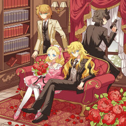 2boys 2girls alternate_costume andre_grandier black_hair black_jacket black_necktie black_pants black_vest blonde_hair blue_eyes bookshelf bouquet bow brown_eyes brown_hair closed_mouth coat collarbone collared_shirt contemporary crossed_legs dress flower green_eyes gun hair_bow handgun hans_axel_von_fersen highres holding holding_bouquet holding_gun holding_weapon indoors jacket jewelry long_hair long_sleeves marie_antoinette_(versailles_no_bara) meremero multiple_boys multiple_girls necklace necktie open_clothes open_coat open_jacket oscar_francois_de_jarjayes pants pantyhose parted_lips petals pink_bow pink_dress red_flower red_rose rose shirt short_dress short_hair sitting versailles_no_bara very_long_hair vest weapon white_pantyhose white_shirt wing_collar