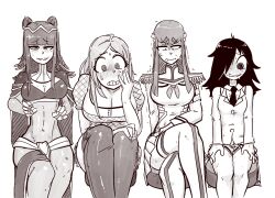 4girls @_@ bodysuit breasts cape cleavage clenched_teeth crossed_legs crossover epaulettes fire_emblem fire_emblem_awakening greyscale hair_over_one_eye implied_object_insertion jacket junketsu kill_la_kill kiryuuin_satsuki kuroki_tomoko large_breasts medium_breasts miniskirt monochrome multiple_crossover multiple_girls necktie nintendo okita_kyouko okusan pleated_skirt raised_eyebrows school_uniform sitting skirt smile stool sweat teeth tenk tharja_(fire_emblem) thick_eyebrows thighhighs trembling watashi_ga_motenai_no_wa_dou_kangaetemo_omaera_ga_warui!
