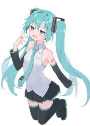 1girl absurdres aqua_eyes aqua_hair aqua_necktie bare_shoulders black_sleeves commentary detached_sleeves fang frilled_shirt frills full_body funakinuta grey_shirt half-closed_eyes hatsune_miku highres jumping long_hair necktie shirt shoulder_tattoo skirt solo tattoo thighhighs twintails very_long_hair vocaloid white_background zettai_ryouiki