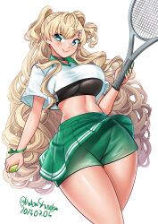 Rule 34 | 1girl, absurdres, ball, blonde hair, commentary request, contrast collar, covered underboob, dated, green shorts, green skirt, grey eyes, highres, holding, holding ball, holding tennis racket, kantai collection, katou shinobu, long hair, looking at viewer, minneapolis (kancolle), minneapolis (tennis) (kancolle), official alternate costume, one-hour drawing challenge, pleated skirt, polo shirt, racket, shirt, shorts, shorts under skirt, simple background, skirt, smile, solo, sports bra, sportswear, tennis ball, tennis racket, tennis skirt, tennis uniform, twitter username, two side up, wavy hair, white background, white shirt
