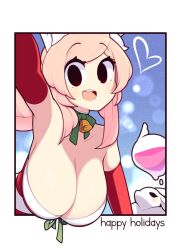 1girl :d animal_ear_fluff animal_ears armpits bare_shoulders bell black_eyes breasts collarbone commentary elbow_gloves english_commentary english_text eyes_visible_through_hair fiz_(fizintine) fizintine gloves green_ribbon hair_bun happy_holidays heart highres huge_breasts leaning_forward long_hair looking_at_viewer neck_bell neck_ribbon no_pupils open_mouth original pink_hair rabbit red_gloves ribbon single_side_bun smile solo teeth upper_body upper_teeth_only