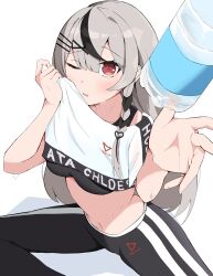 1girl bottle braid commentary commentary_request grey_hair hair_between_eyes hair_ornament highres hololive logo long_hair looking_at_viewer multicolored_hair navel one_eye_closed outstretched_hand pants red_eyes sakamata_chloe simple_background sitting solo sports_bra stomach streaked_hair sweat thoris39 virtual_youtuber water_bottle white_background wiping_face wiping_sweat workout_clothes x_hair_ornament