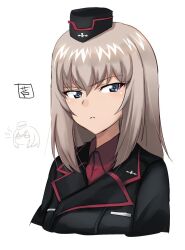 2girls ashiwara_yuu black_hat black_jacket blue_eyes blush breast_pocket breasts closed_mouth cross garrison_cap girls_und_panzer grey_hair hair_between_eyes hat iron_cross itsumi_erika jacket kuromorimine_military_uniform large_breasts long_hair long_sleeves looking_at_viewer military military_uniform multiple_girls nishizumi_maho pocket profile red_shirt shirt short_hair