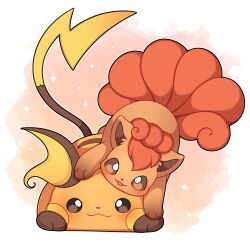 Rule 34 | absurdres, animal focus, blush, bright pupils, brown eyes, gen 1 pokemon, highres, looking at viewer, lying, nintendo, no humans, orange hair, pokemon, pokemon (creature), raichu, sevi (seviyummy), smile, vulpix, white pupils