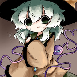 1girl black_hat blouse buttons diamond_button disgust glaring green_eyes green_skirt hat hat_ribbon heart heart_of_string heripantomorrow komeiji_koishi ribbon shirt simple_background skirt solo sweat third_eye touhou wide_sleeves yellow_shirt