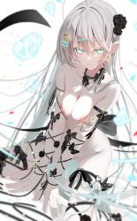 1girl absurdres arm_ribbon black_bow black_flower black_ribbon blue_eyes bow breasts breasts_squeezed_together earrings female_pubic_hair floating_hair flower grey_hair hair_between_eyes hair_flower hair_ornament hairclip heart heart_earrings heart_hair_ornament highres jewelry kneeling leg_ribbon long_hair medium_breasts nipples nude original pubic_hair pussy ribbon sajin_(user_pvrm4582) solo very_long_hair white_background