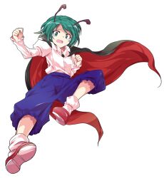 Rule 34 | 1girl, alphes (style), antennae, black cape, blue shorts, buttons, cape, collared shirt, commentary request, crying, crying with eyes open, dairi, full body, green eyes, green hair, imperishable night, juliet sleeves, large variant set, loafers, long sleeves, open mouth, parody, puffy sleeves, red cape, red shoes, rider kick, shirt, shirt tucked in, shoes, short hair, shorts, socks, solo, style parody, tachi-e, tears, touhou, transparent background, two-sided cape, two-sided fabric, variant set, white shirt, white socks, wriggle nightbug