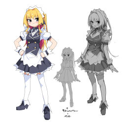 1girl black_boots black_eyes blonde_hair blush boots breasts closed_mouth hands_on_own_hips high_heel_boots high_heels highres long_hair maid maid_headdress medium_breasts multicolored_hair multiple_views open_mouth original pink_hair short_sleeves sidelocks simple_background standing thighhighs translation_request white_background white_thighhighs yachima_tana yachimata_kana