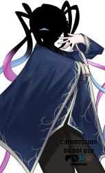 1girl argalia_(project_moon) argalia_(project_moon)_(cosplay) blue_cloak blue_eyes blue_hair bow chouzetsusaikawa_tenshi-chan cloak cosplay cowboy_shot crossover faceless glowing glowing_eye gold_trim hair_bow highres library_of_ruina multicolored_hair multicolored_nails needy_girl_overdose outstretched_arm outstretched_hand pink_hair project_moon quad_tails shaded_face shadowed smile solo spread_fingers vvernerluniq white_background