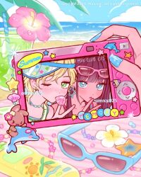 Rule 34 | 2girls, beach, bead charm, bead necklace, beads, blonde hair, blue nails, brown hair, charm (object), chewing gum, colorful, commentary, cup, digital camera, dolphin, drink, drinking straw, english commentary, english text, eyewear on head, flower, green eyes, heisei retro, hibiscus, highres, jewelry, looking at viewer, lotion, multiple girls, mxx025, necklace, one eye closed, original, outdoors, plumeria, pov, pov hands, rabbit, sand, summer, sunglasses, sunscreen, tropical fish, v, visor cap, water