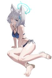 1girl absurdres alternate_costume animal_ears bare_shoulders bikini black_bikini blue_archive blue_bikini blue_eyes cosplay grey_hair heterochromia highres kikyou_(blue_archive) kikyou_(swimsuit)_(blue_archive) mixian sandals shiroko_(blue_archive) simple_background solo swimsuit thighs white_background white_sandals wolf_ears