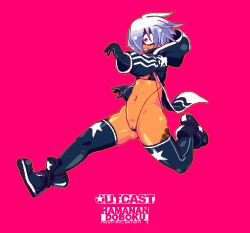 1girl bikini boots dark-skinned_female dark_skin dokata_(hamanan_doboku_kougyou) flat_chest full_body gloves highleg highleg_bikini hood hooded_jacket jacket micro_bikini navel open_clothes open_jacket original red_eyes running short_hair solo swimsuit thigh_boots white_hair