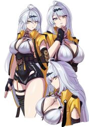 absurdres asymmetrical_gloves black_unitard breasts elbow_gloves gloves high-waist_shorts highres large_breasts mole mole_on_breast mole_on_chest shorts single_elbow_glove single_hair_intake single_thighhigh tage_(tage1gg8) thighhighs uneven_gloves vest yellow_eyes yellow_vest yin_yang_pin yixuan_(zenless_zone_zero) zenless_zone_zero