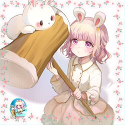 1girl animal animal_ears blush bow brown_hair character_request chibi collared_shirt floral_border flower hair_ornament hammer highres holding holding_hammer leafwow long_sleeves maplestory parted_lips pink_flower pink_rose puffy_long_sleeves puffy_sleeves purple_eyes rabbit rabbit_ears reference_inset rose shirt skirt star_(symbol) star_hair_ornament white_background white_bow white_shirt white_skirt