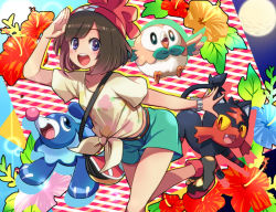 1girl beanie blue_eyes blush brown_hair creatures_(company) floral_print flower full_moon game_freak gen_7_pokemon hat kicori kicorikkka leg_up litten moon nintendo open_mouth pokemon pokemon_(creature) pokemon_sm popplio red_hat rowlet salute selene_(pokemon) shirt shoes short_hair short_shorts short_sleeves shorts sneakers starter_pokemon_trio sun swept_bangs t-shirt tied_shirt