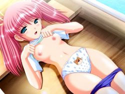 1girl animal_print bear_panties bear_print blush boat breasts buruma buruma_pull clothes_pull female_focus fujisawa_aoi game_cg green_eyes honoo_no_haramase_jinsei lying navel nipples panties pink_hair print_panties rowboat small_breasts solo twintails underwear watercraft yameta_takashi