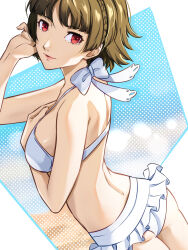 1girl alternate_costume ass bare_shoulders bikini blunt_bangs braid breasts brown_hair closed_mouth crown_braid highres large_breasts looking_at_viewer niijima_makoto persona persona_5 red_eyes short_hair sideboob smile solo swimsuit wanderstillart white_bikini