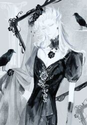 1boy alternate_costume asymmetrical_bangs bird black_collar black_dress black_flower black_gloves black_veil blue_eyeliner blue_hair closed_mouth collar cowboy_shot crossdressing crow dress dress_flower duimimi earrings empty_picture_frame expressionless eyeliner flower genshin_impact gloves grey_eyes hair_between_eyes hair_flower hair_ornament half-closed_eyes highres jewelry long_hair looking_at_viewer makeup male_focus multicolored_hair neuvillette_(genshin_impact) pale_skin picture_frame pillar pointy_ears puffy_short_sleeves puffy_sleeves short_sleeves solo standing streaked_hair stud_earrings veil veil_lift white_hair