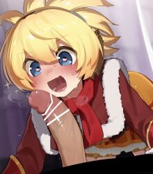 1boy 1girl absurdres bar_censor blonde_hair blue_eyes blush censored erection fur-trimmed_jacket fur_trim heart heart-shaped_pupils hetero highres jacket megido72 mizumizuni open_mouth penis red_jacket red_scarf scarf shax_(megido72) smile sweat symbol-shaped_pupils